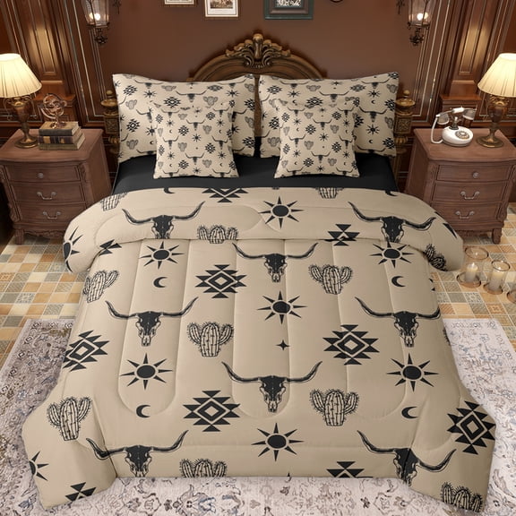 Feelyou Brown Sheep Skull Twin Bedding Sets 7-Piece for Men, Vintage Western Aztec Bedding Comforter Set, Hippie Bohemian Style Reversible Sheet Sets, Breathable Home Decor