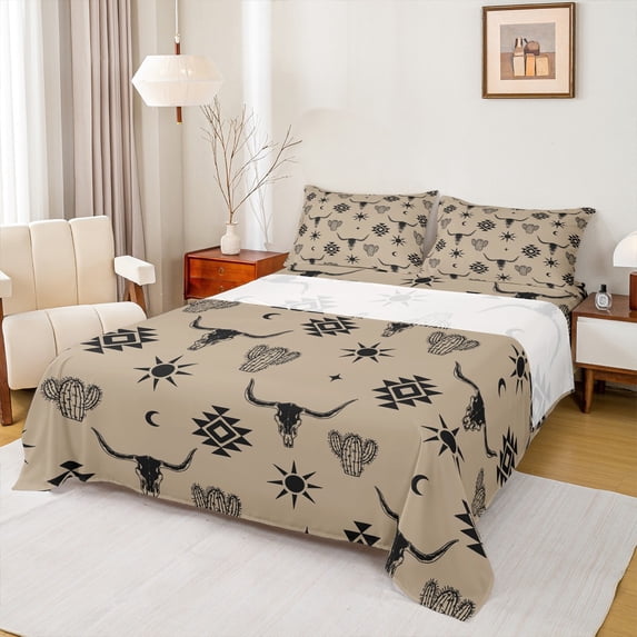 Feelyou Brown Sheep Skull Twin Sheet Sets for Men, Vintage Western Aztec Twin Fitted Sheet, Hippie Bohemian Style Flat Sheet, Breathable Home Decor, 3 Pieces