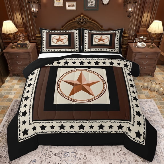 Feelyou Brown Texas Stars Bedding Comforter Set, Rustic Farmhouse Twin Comforter Sets, Vintage Western Style Reversible Bedding Set, Luxury Bedroom Decor, 2 Pieces