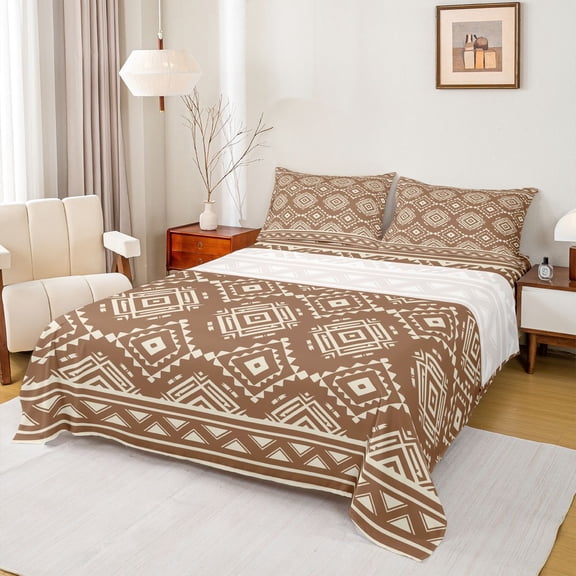 Feelyou Brown Triangle Aztec Bed Sheets, Boho Rustic Farmhouse King Sheets, Western Old Fashion Sheet Set, Breathable Home Decor, 4 Pieces