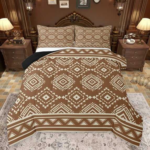 Feelyou Brown Triangle Aztec Bedding Comforter Set, Boho Rustic Farmhouse Twin Comforter Sets, Western Old Fashion Reversible Bedding Set, Breathable Home Decor, 2 Pieces