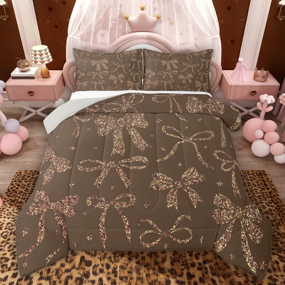 Feelyou Brown Vintage Bow-tie Twin Comforter Sets, Cute Ribbon Bedding Set, 2 Pieces