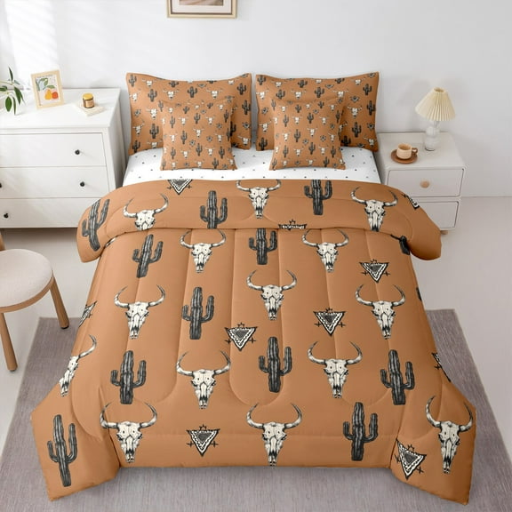 Feelyou Brown Western Bohemian Bedding Comforter Set 7-Piece, Hippie Skeleton Print King Bedding Sets, Cartoon Cowgirl Cactus Bed Sheets, Microfiber Bedroom Decor
