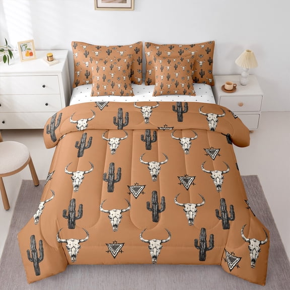 Feelyou Brown Western Bohemian Bedding Comforter Set 7pcs, Hippie Skeleton Print Queen Bedding Sets, Cartoon Cowgirl Cactus Queen Sheet Sets, Microfiber Bedroom Decor