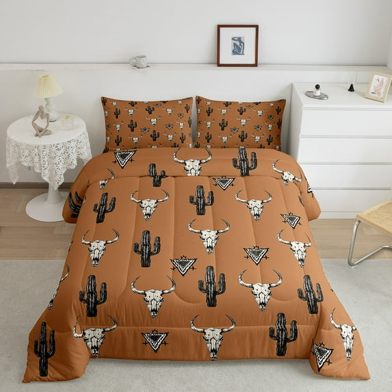 Feelyou Brown Western Bohemian Bedding Comforter Set, Hippie Skeleton Print Twin Comforter Sets, Cartoon Cowgirl Cactus Bedding Set, Microfiber Bedroom Decor, 2pcs