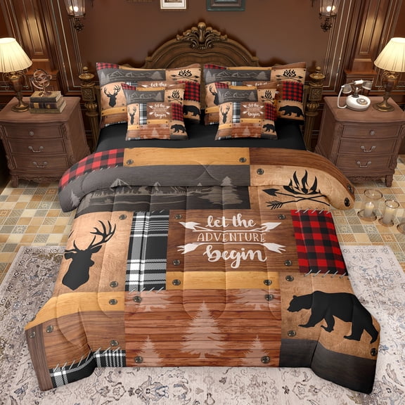 Feelyou Brown Wooden Plank Bedding Comforter Set 7pcs, Jungle Bear Deer Print King Bedding Sets, Rustic Pine Tree Plant Reversible Bed Sheets, Breathable Home Decor