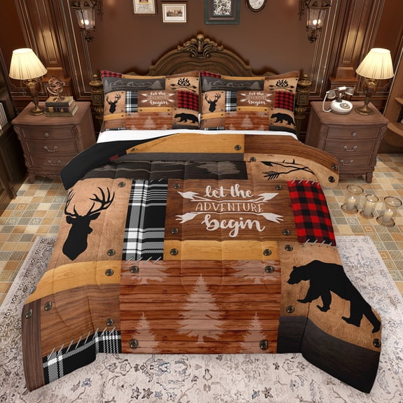 Feelyou Brown Wooden Plank Bedding Comforter Set, Jungle Bear Deer Print Twin Comforter Sets, Rustic Pine Tree Plant Reversible Bedding Set, Breathable Home Decor, 2-Piece