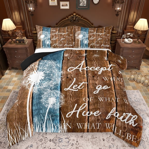Feelyou Brown Wooden Plank Bedding Comforter Set, Retro Western Lake House Twin Comforter Sets, Rustic Dandelion Reversible Bedding Set, Breathable Home Decor, 2 Pieces