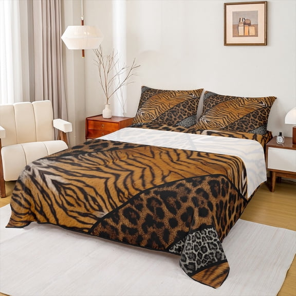 Feelyou Brown Zebra Print Bed Sheets for Teen, Leopard Cheetah Wildlife King Sheets, Simple Fashion Style Sheet Set, Lightweight Room Decor, 4-Piece