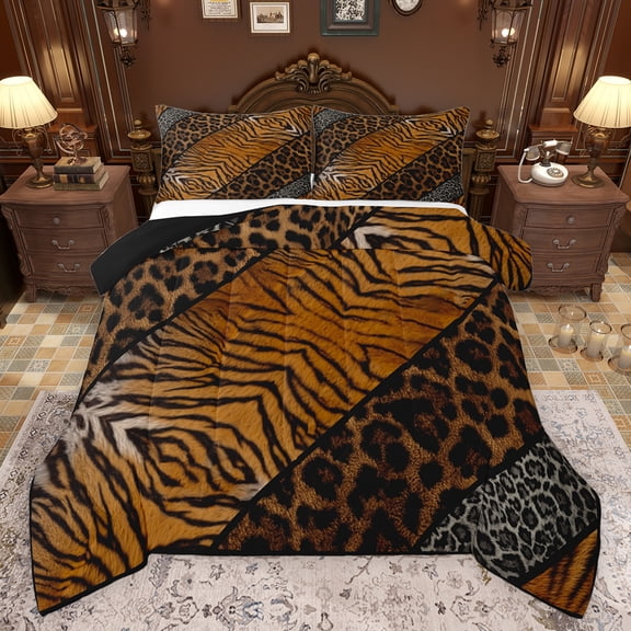 Feelyou Brown Zebra Print Queen Comforter Set for Teen, Leopard Cheetah Wildlife Bedding Sets, Simple Fashion Style Reversible Bedding Comforter Set, Lightweight Room Decor, 3-Piece