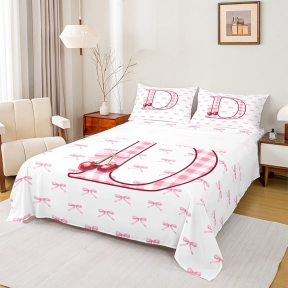 Feelyou Buffalo Initial Letter Bed Sheets for Kids, Kawaii Pink Ribbon Bow-tie King Sheets, Monogrammed D Sheet Set, Breathable Home Decor, 4 Pieces