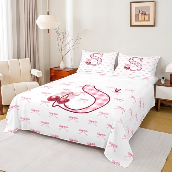 Feelyou Buffalo Initial Letter Bed Sheets for Kids, Kawaii Pink Ribbon Bow-tie King Sheets, Monogrammed S Sheet Set, Lightweight Room Decor, 4 Pieces