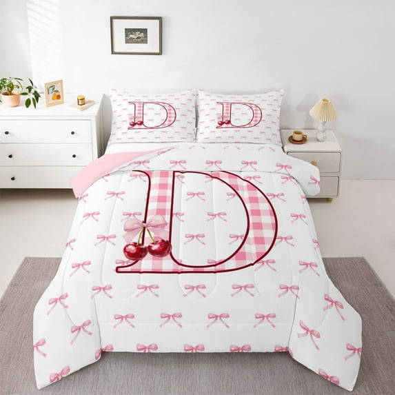 Feelyou Buffalo Initial Letter Bedding Comforter Set for Kids, Kawaii Pink Ribbon Bow-tie Twin Comforter Sets, Monogrammed D Reversible Bedding Set, Breathable Home Decor, 2 Pieces