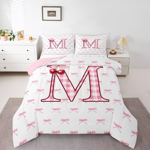 Feelyou Buffalo Initial Letter Bedding Comforter Set for Kids, Kawaii Pink Ribbon Bow-tie Twin Comforter Sets, Monogrammed M Reversible Bedding Set, Lightweight Room Decor, 2 Pieces