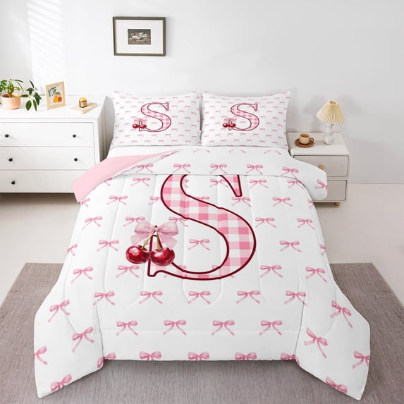 Feelyou Buffalo Initial Letter Bedding Comforter Set for Kids, Kawaii Pink Ribbon Bow-tie Twin Comforter Sets, Monogrammed S Reversible Bedding Set, Lightweight Room Decor, 2 Pieces