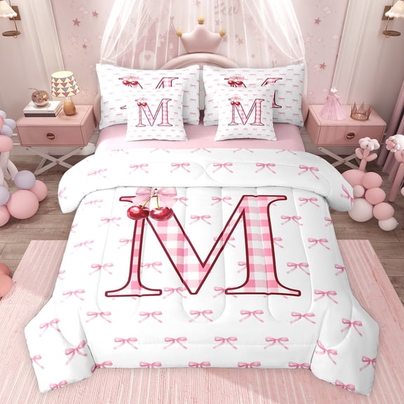 Feelyou Buffalo Initial Letter Twin Bedding Sets 7-Piece for Kids, Kawaii Pink Ribbon Bow-tie Bedding Comforter Set, Monogrammed M Reversible Sheet Sets, Lightweight Room Decor