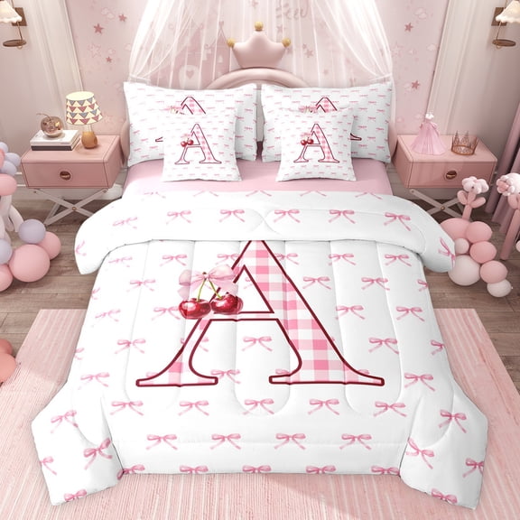 Feelyou Buffalo Initial Letter Twin Bedding Sets 7-Piece for Kids, Kawaii Pink Ribbon Bow-tie Bedding Comforter Set, Monogrammed A Reversible Sheet Sets, Lightweight Room Decor