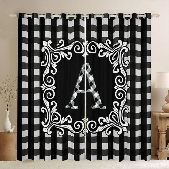Feelyou Buffalo Letter A Black Out Curtains for Kids, Black White Plaid Curtains Pack of 2 (42x63 Each), Retro Damask Floral Bedroom Curtains, Window Curtains Home Decor