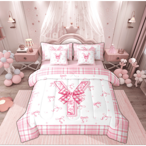 Feelyou Buffalo Pink Bowknot Bedding Comforter Set 7pcs for Kids, Initial Y Letter Queen Bedding Sets, Kawaii Princess Style Reversible Queen Sheet Sets, Ultra Soft Home Decor