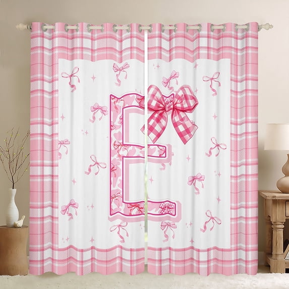 Feelyou Buffalo Pink Bowknot Black Out Curtains for Kids, Initial E Letter Curtains Pack of 2 (42x63 Each), Kawaii Princess Style Bedroom Curtains, Blackout Curtains Room Decor