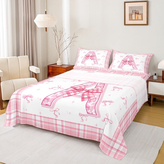 Feelyou Buffalo Pink Bowknot Twin Sheet Sets for Kids, Initial A Letter Twin Fitted Sheet, Kawaii Princess Style Flat Sheet, Ultra Soft Home Decor, 3-Piece