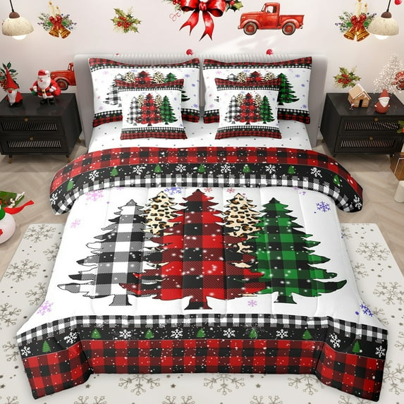 Feelyou Buffalo Xmas Tree Bedding Comforter Set 7 Pieces for Kids, Vintage Western Christmas Full Bedding Set, Winter Snowflake Fitted Sheet Flat Sheet, Lightweight Room Decor