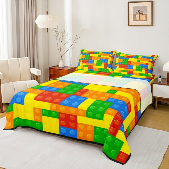 Feelyou Building Blocks Boys Queen Sheet Sets, Colorful Geometric Flat Sheet, Dreamy Cartoon Queen Fitted Sheet, Super Cozy Room Decor, 4 Pieces