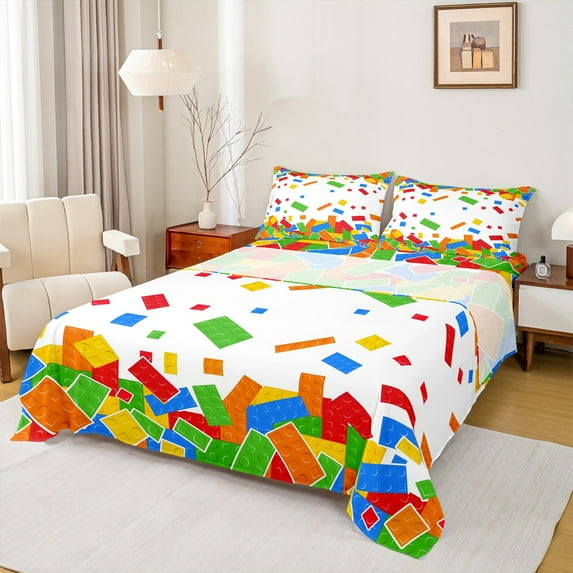Feelyou Building Blocks Queen Sheet Sets for Teens, Cartoon Flat Sheet, Chic Square Geometric Queen Fitted Sheet, Breathable Home Decor, 4 Pieces
