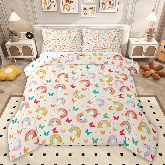 Feelyou Butterfly Animal Queen Comforter Set, Cartoon Rainbow Bedding Comforter Set, 3pcs