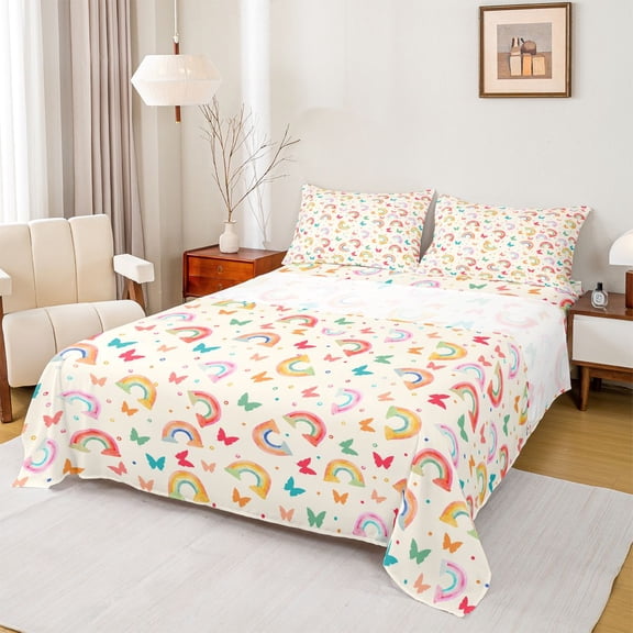 Feelyou Butterfly Animal Twin Sheet Sets, Cartoon Rainbow Bedding, 3-Piece