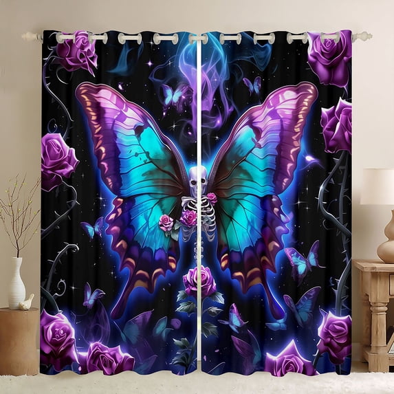 Feelyou Butterfly Skull Curtains Pack of 2 (42x84 Each), Valentines Day Rose Curtains Blackout, Gothic Romantic Theme Bedroom Curtains, Black Out Curtains Decor