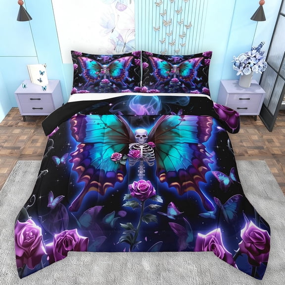 Feelyou Butterfly Skull Full Size Comforter Sets, Valentines Day Rose Bedding Comforter Set, Gothic Romantic Theme Reversible Bedding Sets, Ultra Soft Bedroom Decor, 3-Piece