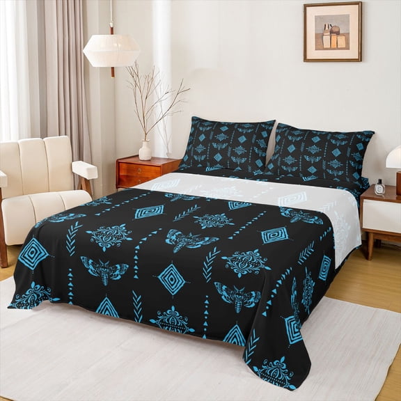 Feelyou Butterfly Skull Teen Twin Sheet Sets, Blue Aztec Damask Bedding, 3 Pieces