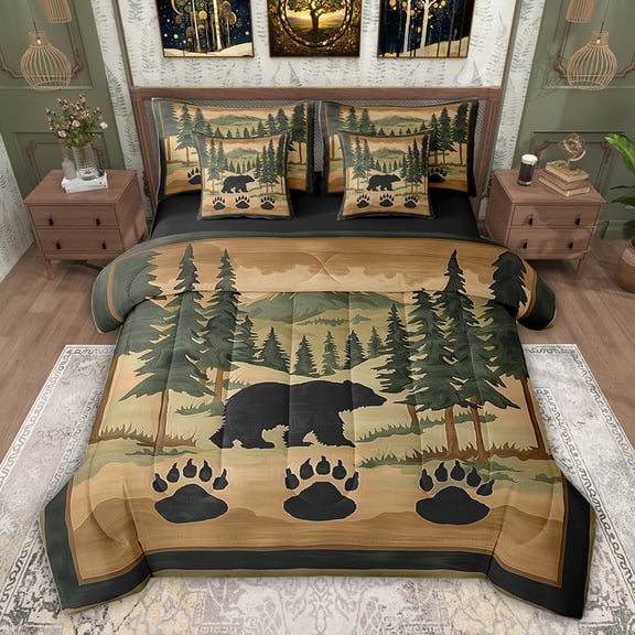 Feelyou Cabin Bear Animal Twin Bedding Sets 7-Piece, Rustic Farmhouse Plant Bedding Comforter Set, Teens Kids Boys Girls Reversible Sheet Sets, Super Cozy Room Decor