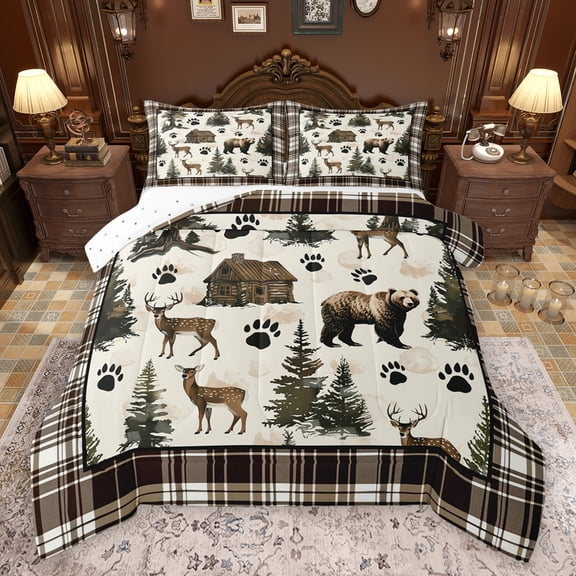 Feelyou Cabin Deer Moose Full Size Comforter Sets for Teens, Junglw Bear Wildlife Bedding Comforter Set, Rustic Tree Botanical Reversible Bedding Sets, Breathable Home Decor, 3 Pieces