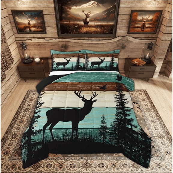 Feelyou Cabin Deer Queen Comforter Set, Rustic Farmhouse Bedding Sets, Jungle Animal Print Reversible Bedding Comforter Set, Lightweight Room Decor,3 Pieces