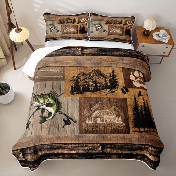 Feelyou Cabin Outdoor Fishing Quilt King for Men Boys, Mountain Lake Animal King Coverlet Set, Brown, 3pcs