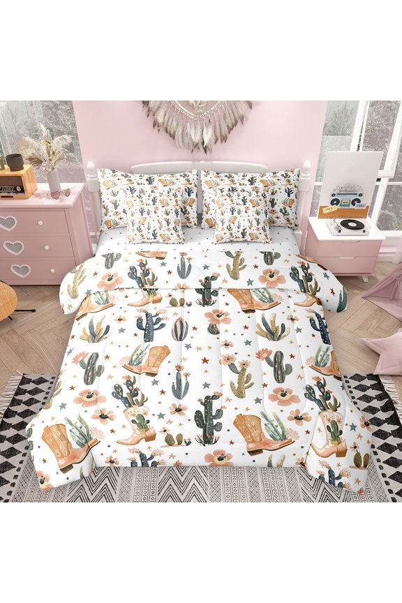 Cactus Flower Bedding Comforter Set 7pcs, Western Cowgirl Cowboy King Bedding Sets