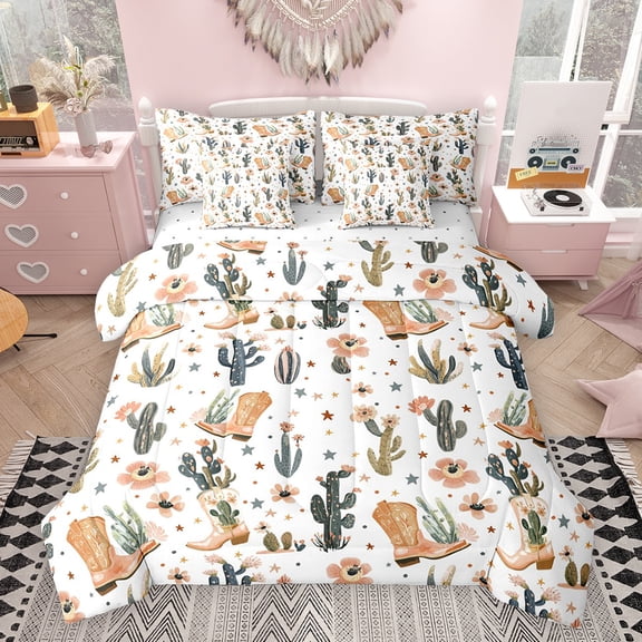 Feelyou Cactus Flower Comforter Set 7pcs, Western Cowgirl Cowboy Queen Bedding Sets