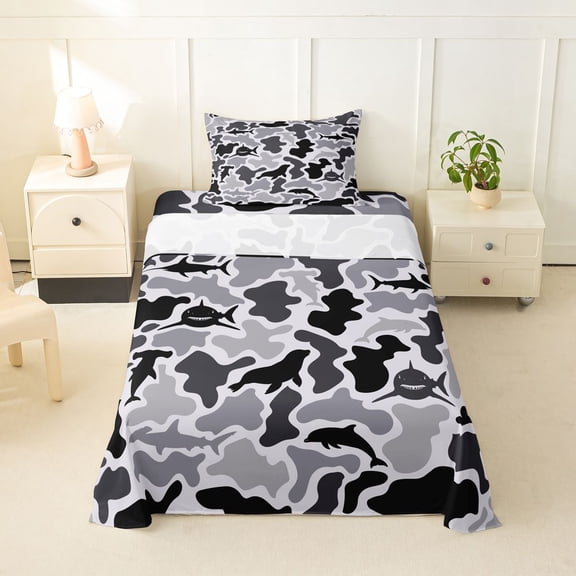 Feelyou Camo Animal Silhouette Twin Sheet Sets for Boys Girls Kids, Shark Dolphin Ocean Wildlife Bedding, Black Grey, 3pcs