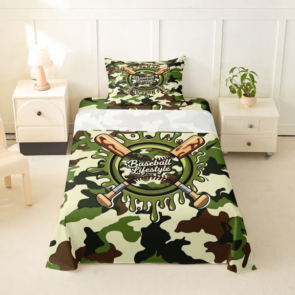 Feelyou Camo Baseball Twin Sheets for Boys, Ice Cream Drip Bat Bedding, Green Brown, 3-Piece, 1 Flat Sheet, 1 Fitted Sheet and 1 Pillowcase