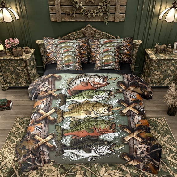 Feelyou Camo Bass Fish Fish Twin Bedding Sets for Men Kids, Rustic Wildlife Bedding Comforter Set, Green Brown, Black Reversible, 7 Pieces