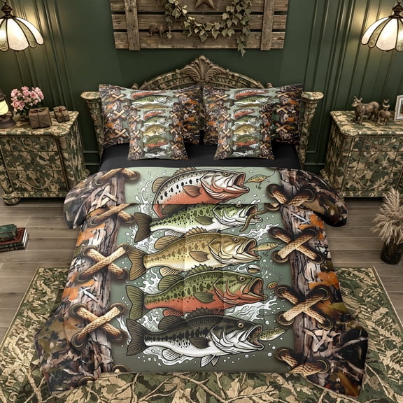Feelyou Camo Bass Fish Fish Twin Bedding Sets for Men Kids, Rustic Wildlife Bedding Comforter Set, Green Brown, Black Reversible, 7 Pieces