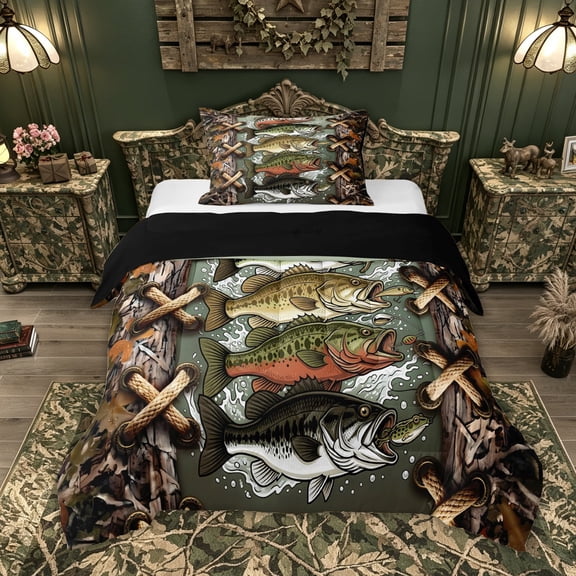 Feelyou Camo Bass Fish Fish Twin Comforter Sets for Men Kids, Rustic Wildlife Bedding Set, Green Brown, Black Reversible, 2 Pieces