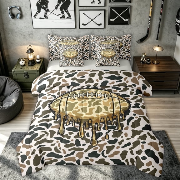 Feelyou Camo Dripping Football Full Size Bedding Sets for Girls, Camouflage Polkadot Full Size Bed in a Bag, Beige Green, Grey Reversible, 7-Piece