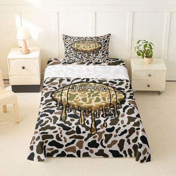 Feelyou Camo Dripping Football Twin Sheets for Girls, Camouflage Polkadot Bedding, Beige Green, 3-Piece, 1 Flat Sheet, 1 Fitted Sheet and 1 Pillowcase