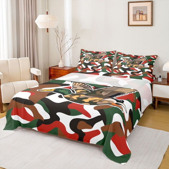 Feelyou Camo Duck Wildlife Bed Sheets for Teen, Rustic Farmhouse Hunting King Sheets, Vintage Camouflage Sheet Set, Super Cozy Room Decor, 4-Piece