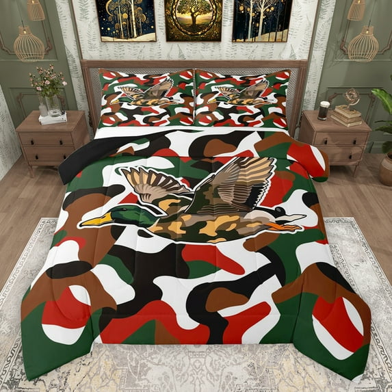 Feelyou Camo Duck Wildlife Queen Comforter Set for Teen, Rustic Farmhouse Hunting Bedding Sets, Vintage Camouflage Reversible Bedding Comforter Set, Super Cozy Room Decor, 3-Piece