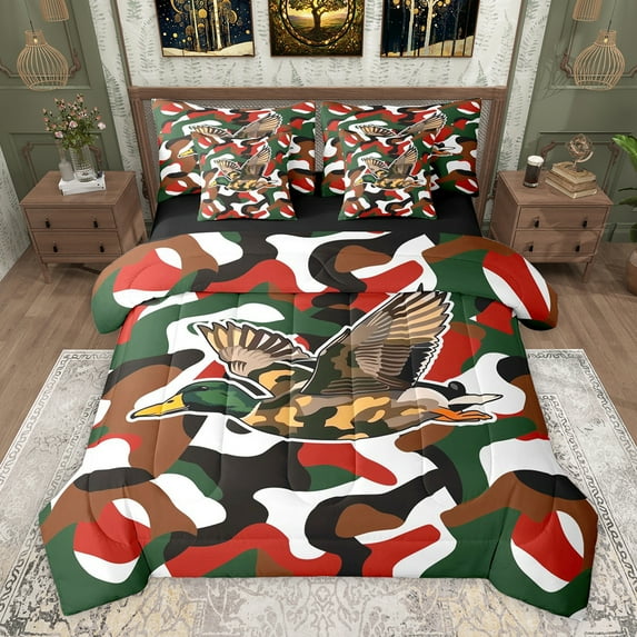 Feelyou Camo Duck Wildlife Twin Bedding Sets 7-Piece for Teen, Rustic Farmhouse Hunting Bedding Comforter Set, Vintage Camouflage Reversible Sheet Sets, Super Cozy Room Decor