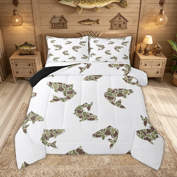 Feelyou Camo Fishing Fish Queen Comforter Set for Boys Girls, Vintage Camouflage Lake Fishing Bedding Comforter Set, White Green, Black Reversible, 3-Piece